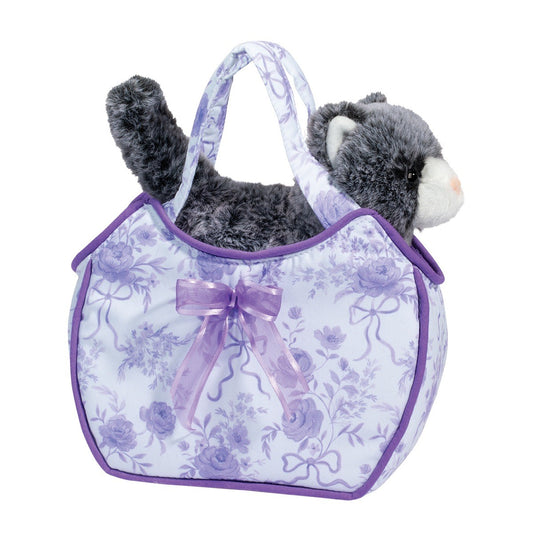 Douglas Fancy Flower Sak Tote with Gray & White Cat Plush Stuffed Animal Toy, 7"