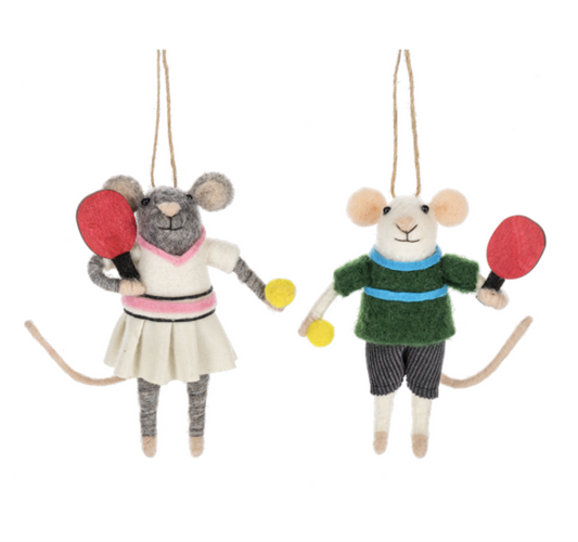 Midwest-CBK Mouse Couple Pickleball Woolen Ornaments, Set of Two, 4 1/2" H.