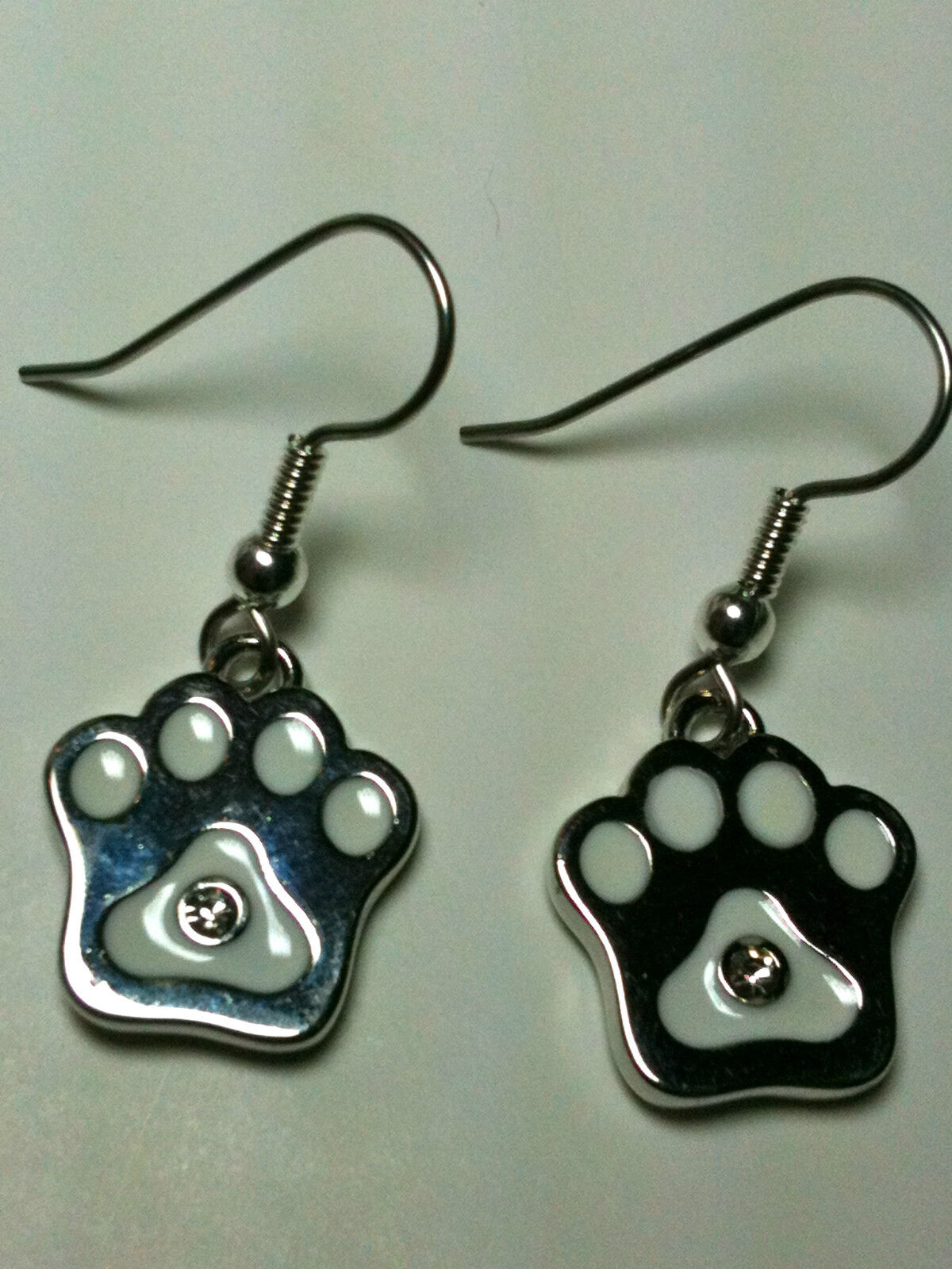 Silver Paw Print with White Enamel and Crystal Earrings