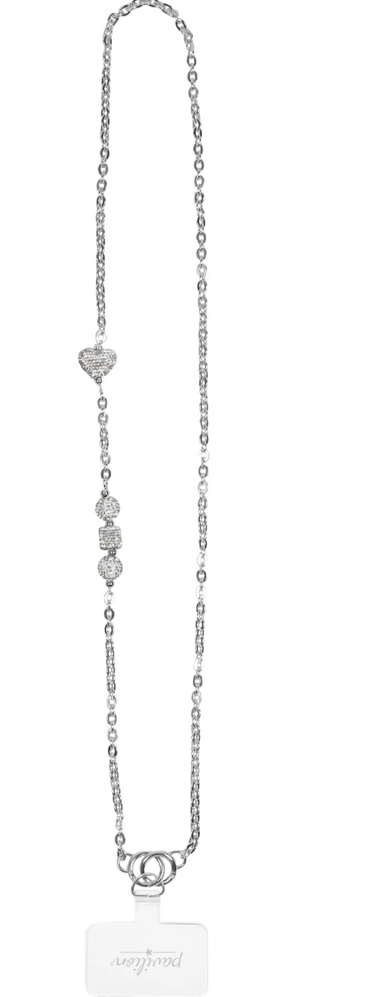 White Crystal Crossbody Beaded Silver Phone Chain, 56"
