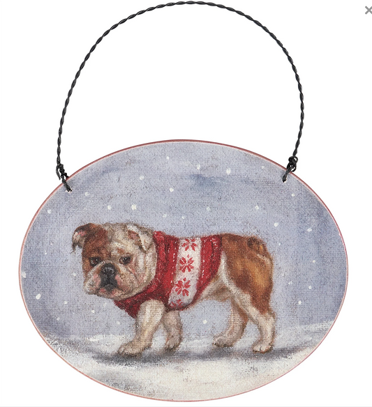 Primitives By Kathy Cozy Bulldog Dog with Sweater Wooden Christmas Ornament