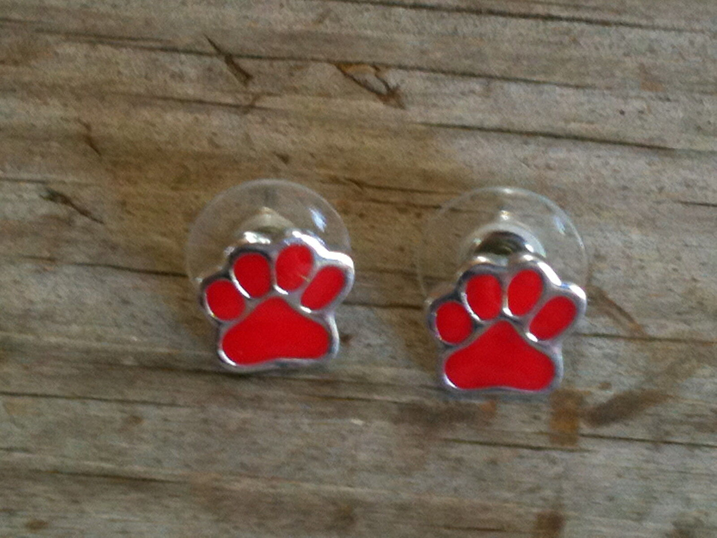 Small Red Hand Enameled Paw Print Imitation Rhodium Plated Post Earrings