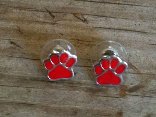 Small Red Hand Enameled Paw Print Imitation Rhodium Plated Post Earrings