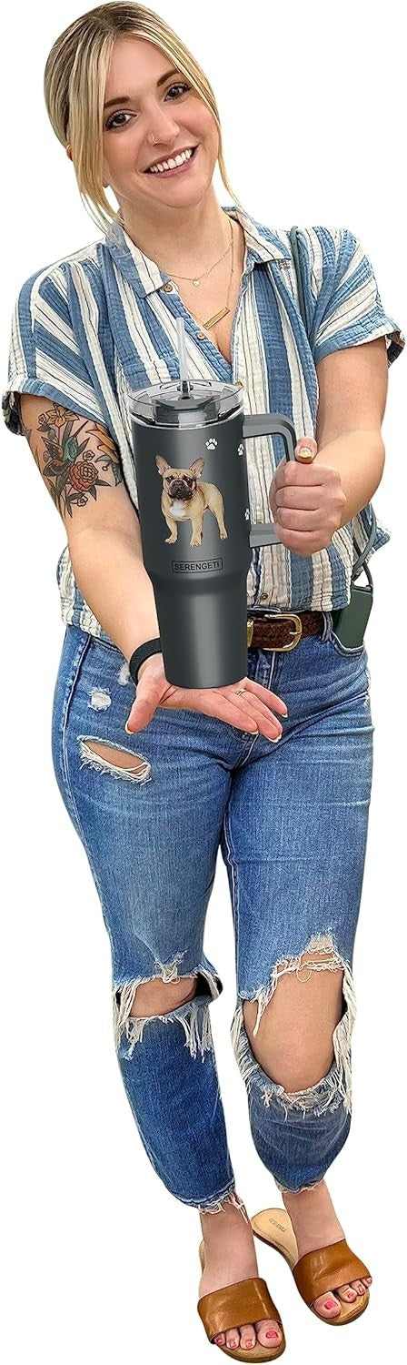Serengeti 40 Oz French Bulldog Stainless Steel Tumbler with Handle, Straw & Lid