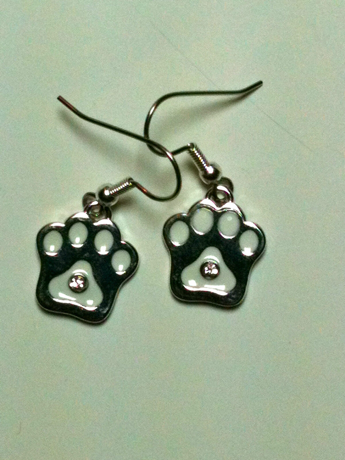 Silver Paw Print with White Enamel and Crystal Earrings
