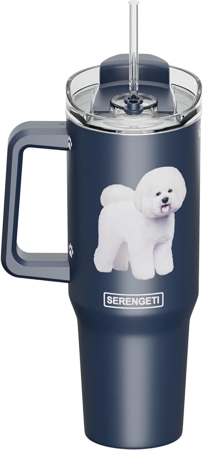 Serengeti 40 Oz Bichon Frise Dog Stainless Steel Tumbler w Handle, Straw & Lid