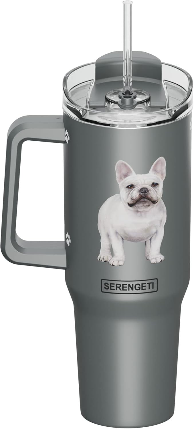Serengeti 40 Oz French Bulldog Stainless Steel Tumbler with Handle, Straw & Lid