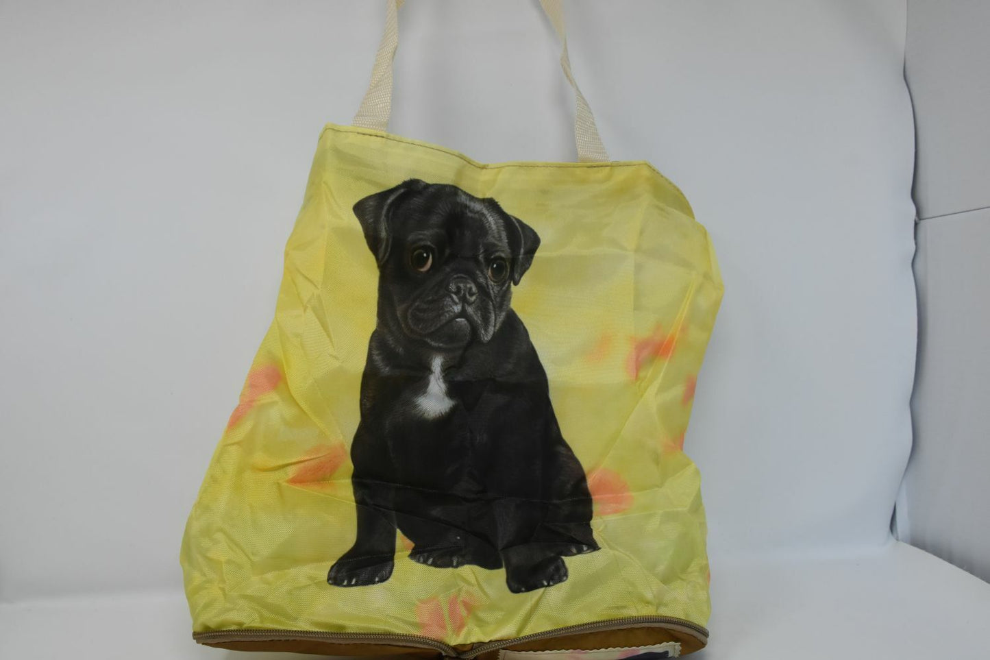 Black Pug Foldable Tote Bag - Waterproof - Zipper Market Tote