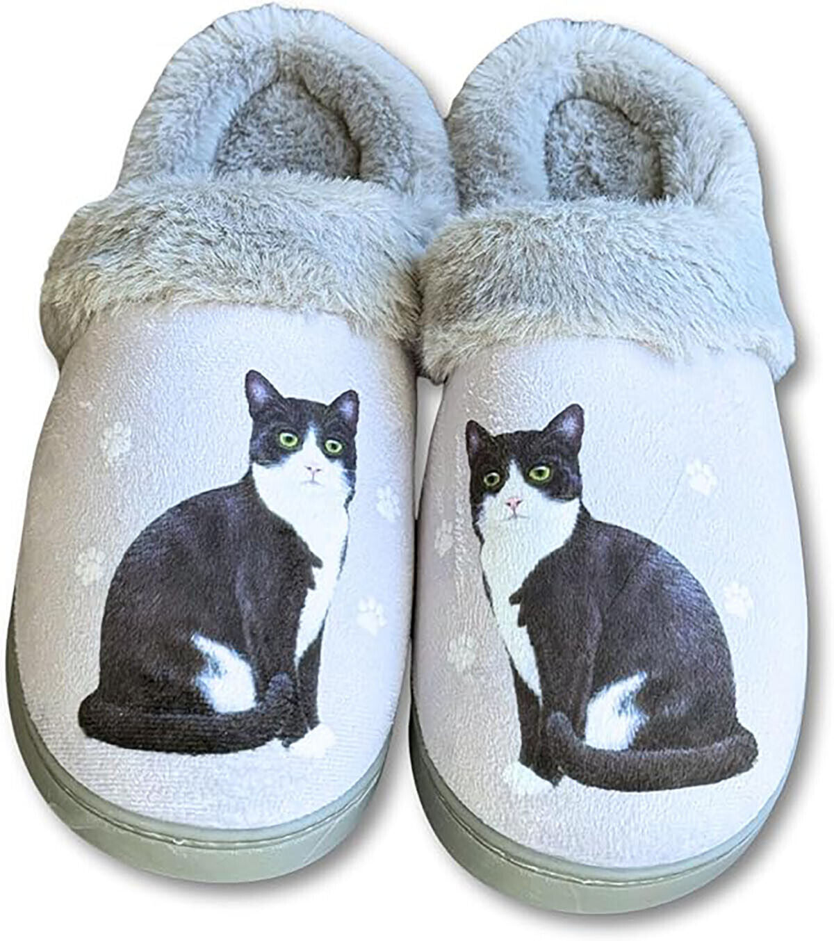 E&S Pets Black/White Cat Snugg Slippers for Pet Lovers - Fuzzy Memory Foam, S/M