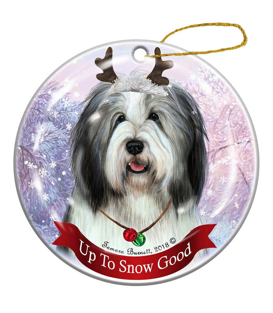 Bearded Collie Grey and White Reindeer Dog Porcelain Christmas Ornament