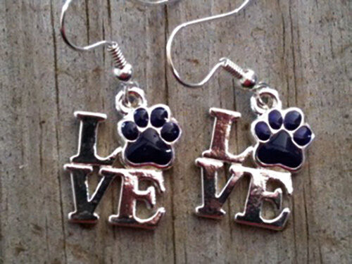 Silver Plated LOVE with Black Hand Enameled Paw Print Earrings