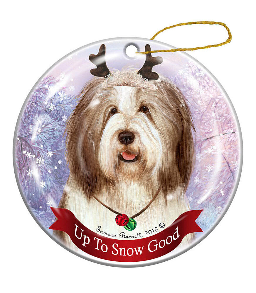 Bearded Collie Liver/White Reindeer Dog Porcelain Christmas Ornament