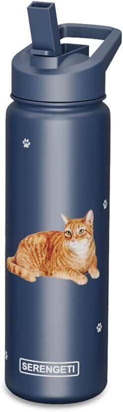 E&S Pets Stainless Steel Water Bottle 24 Oz., Spill Proof (Orange Tabby Cat)