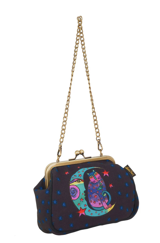 Laurel Burch Moonside Cat Clasp Purse with Shoulder Strap, 6” x 2.5” x 6”