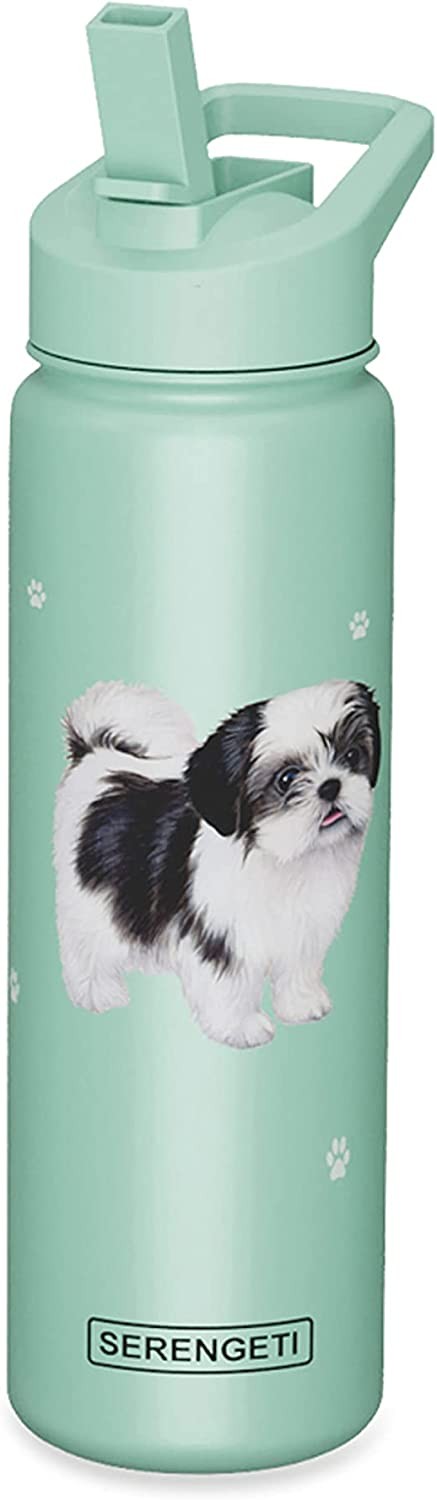E&S Pets Stainless Steel Water Bottle 24 Oz., Spill Proof (Black/White Shih Tzu)