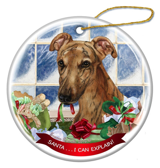 Red Brindle Greyhound Dog Porcelain Ornament Pet Gift 'Santa.. I Can Explain!'