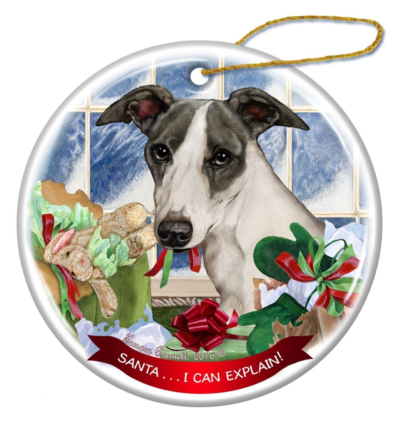 Blue Whippet Dog Porcelain Hanging Ornament Pet Gift 'Santa.. I Can Explain!