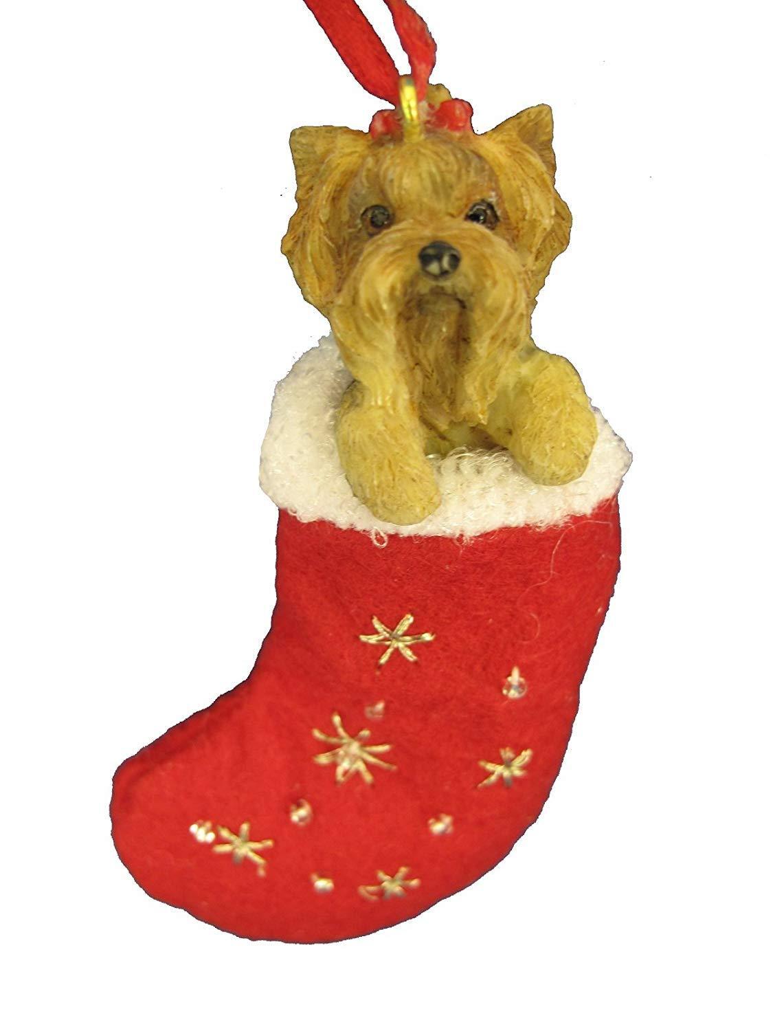 Yorkie Puppy Christmas Stocking Ornament Hand Painted and Stitched Detail