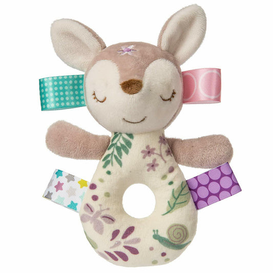 Mary Meyer Taggies Sensory Stuffed Animal Soft Ring Rattle, Flora Fawn, 6"
