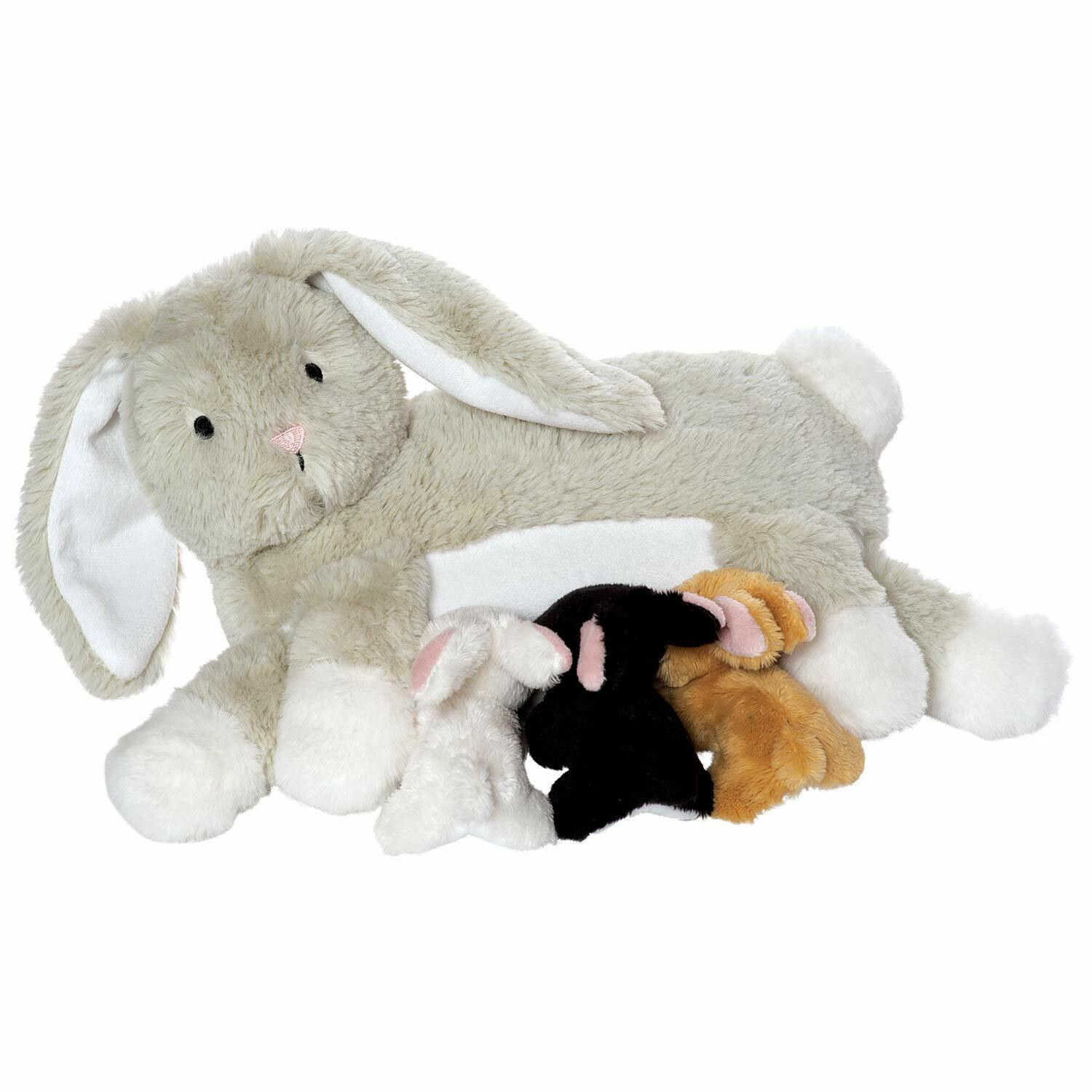 Manhattan Toy Nursing Nola Rabbit Stuffed Animal, 10" with 3 Bunnies