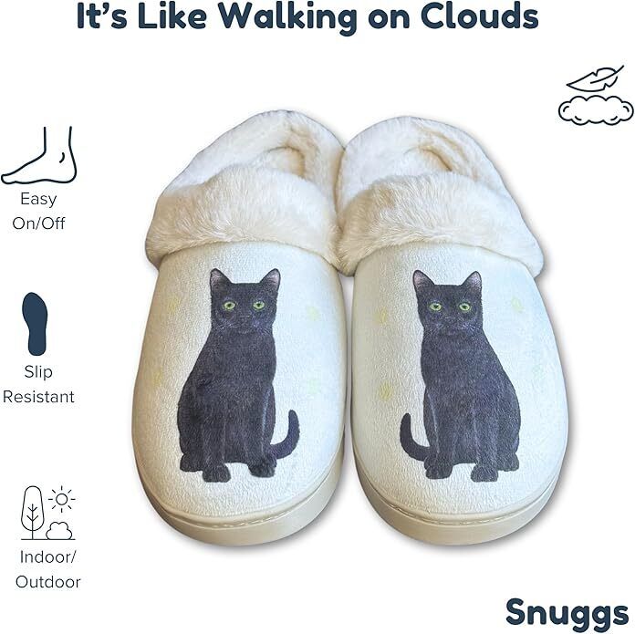 E&S Pets Black Cat Snugg Slippers for Pet Lovers - Fuzzy Memory Foam, L/XL