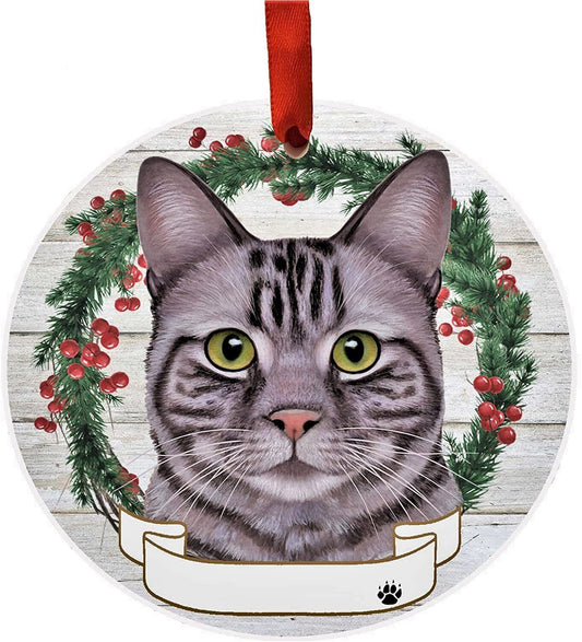 Silver Tabby Cat Ornament - E&S Pets - Personalizable, Ceramic Round Ornament