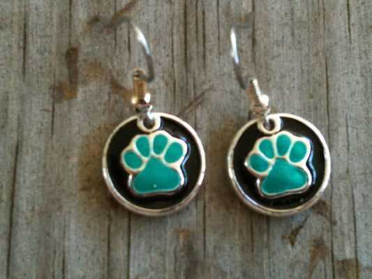 Silver Plated Teal Paw Print on Black Disc Hand Enameled Earrings
