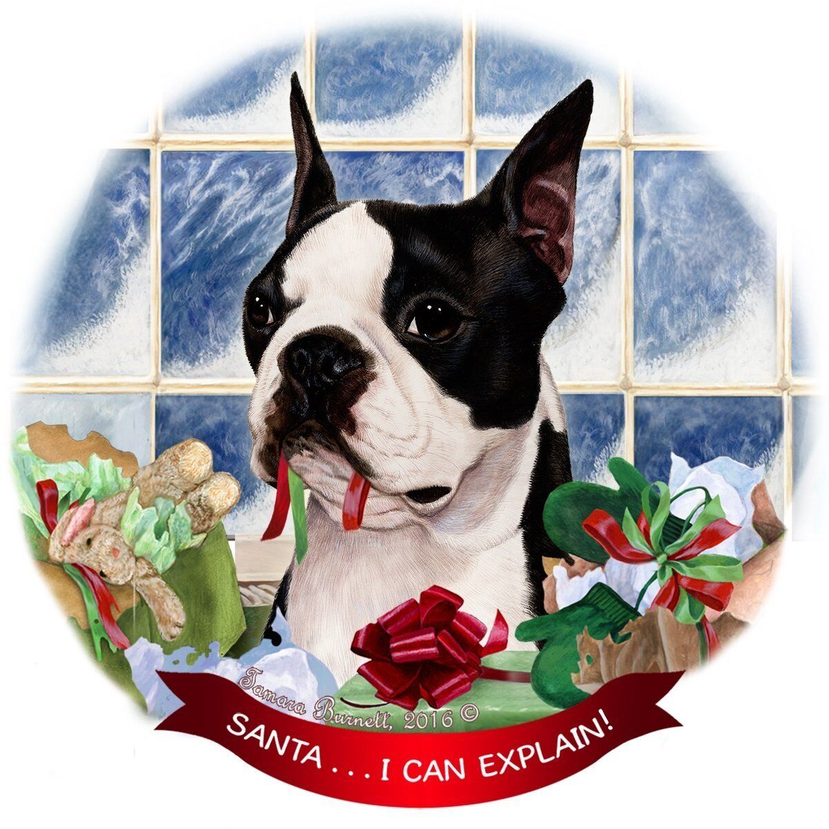 Boston Terrier Dog Porcelain Hanging Ornament Pet Gift Santa I Can Explain