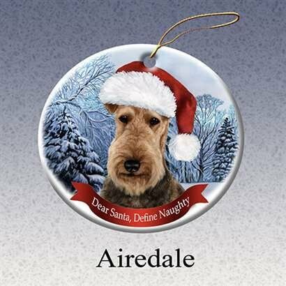 Holiday Pet Gifts Airedale Santa Hat Dog Porcelain Christmas Tree Ornament