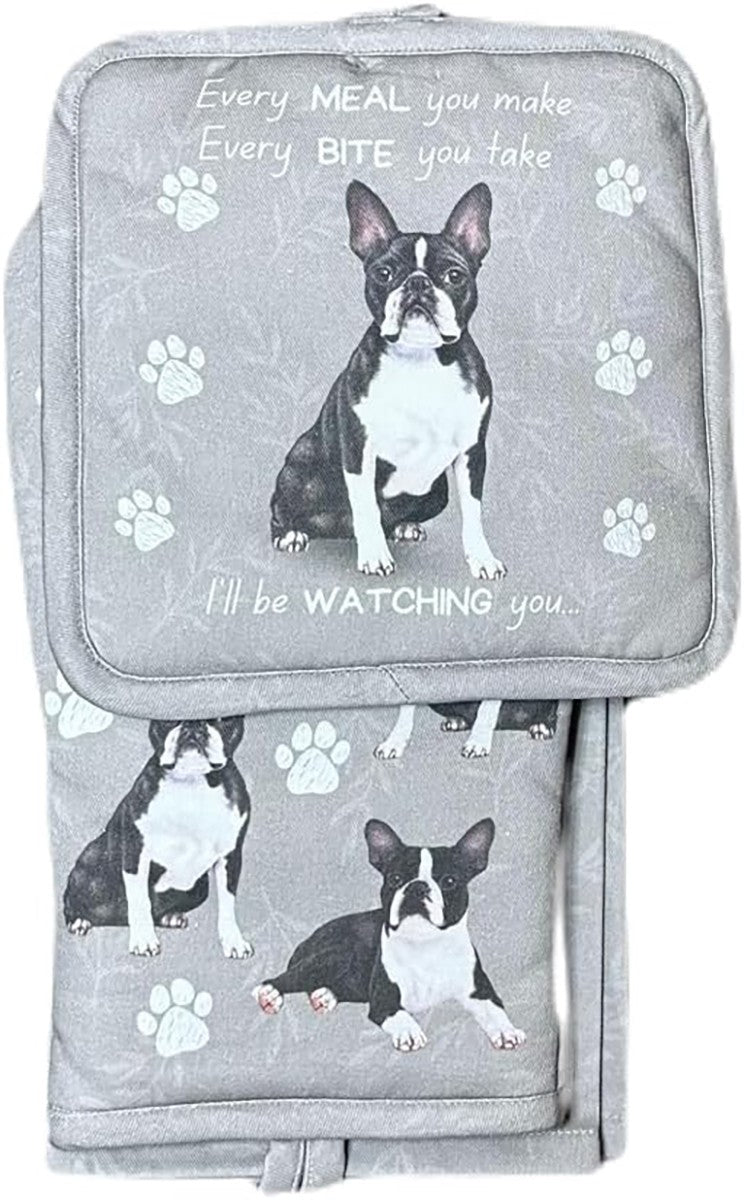 E&S Pets Boston Terrier 3 Piece Kitchen Set -  Oven Mitt, Towel, Pot Holder
