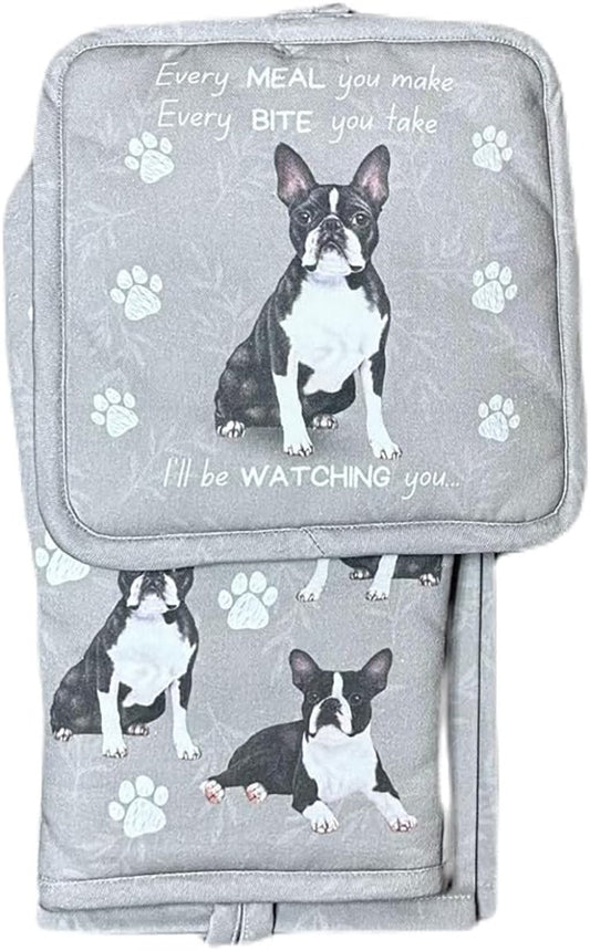 E&S Pets Boston Terrier 3 Piece Kitchen Set -  Oven Mitt, Towel, Pot Holder