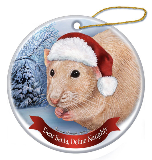 Holiday Pet Gifts Solid Beige Rat Santa Hat Porcelain Christmas Tree Ornament