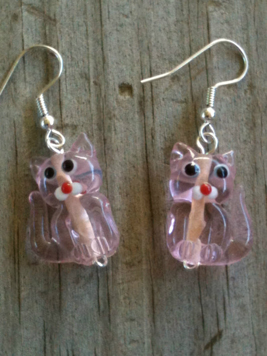 Light Pink Transparent Sitting Cat Lampwork Earrings
