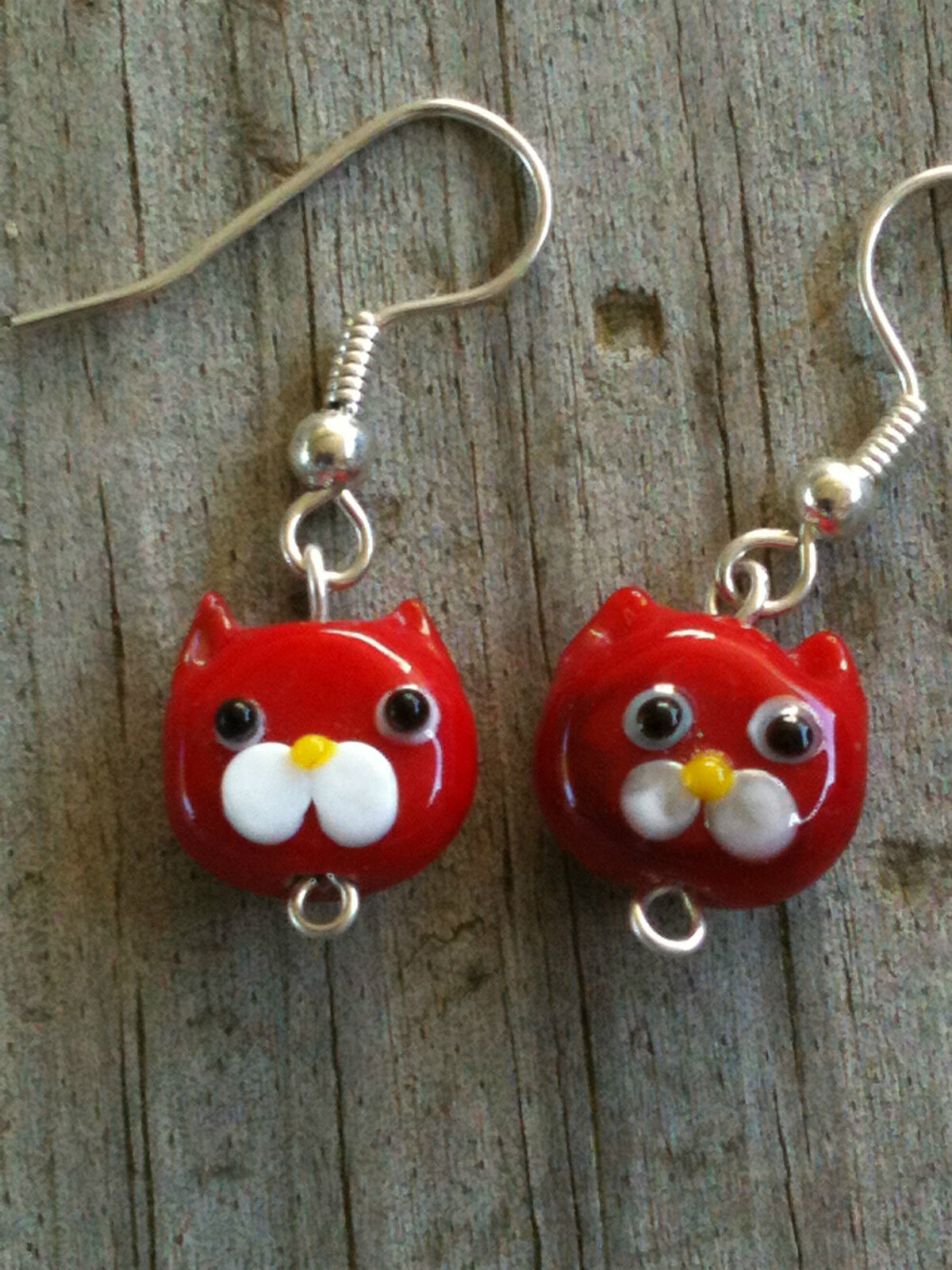 Red Opaque Cat Face Lampwork Glass Earrings