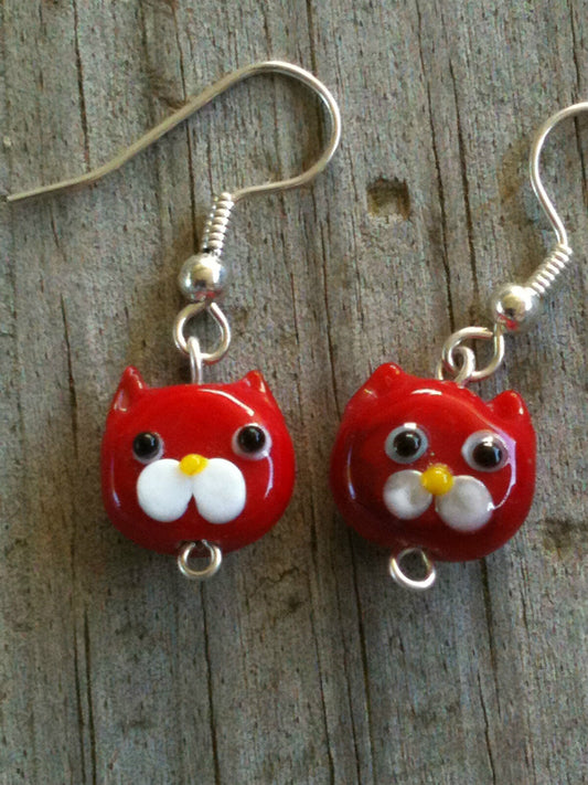 Red Opaque Cat Face Lampwork Glass Earrings