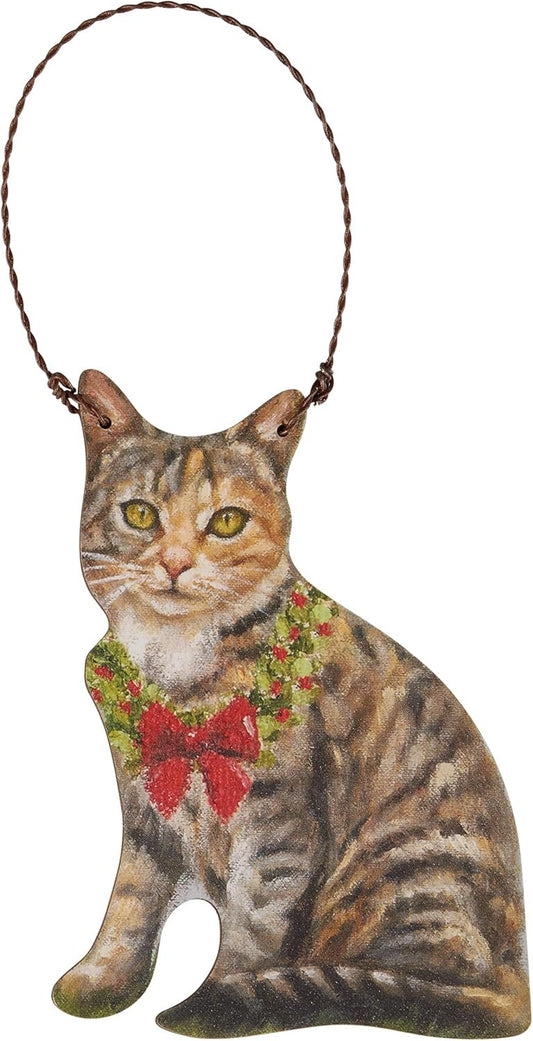 Primitives By Kathy Tabby Cat with Wreath Ornament Wooden Christmas Ornament