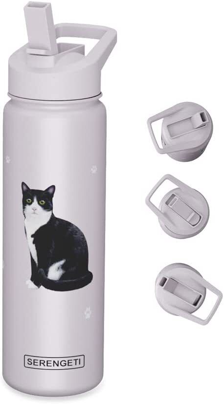 E&S Pets Stainless Steel Water Bottle 24 Oz., Spill Proof (Black & White Cat)