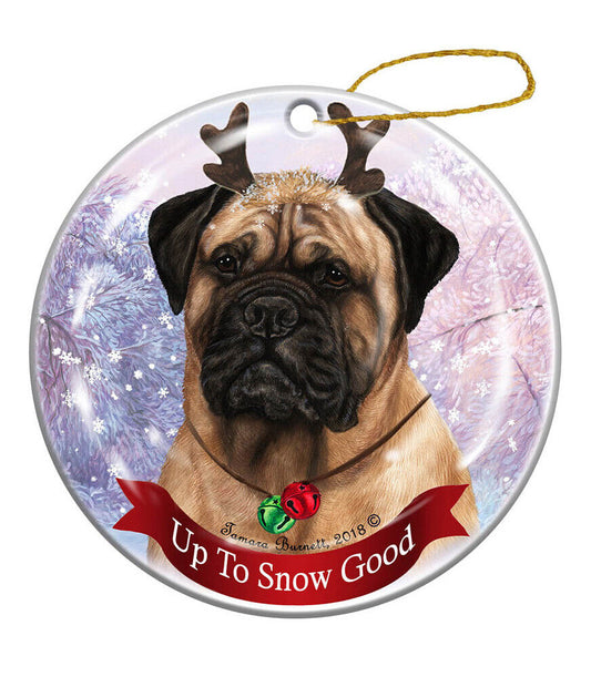 Holiday Pet Fawn Bullmastiff Reindeer Dog Porcelain Christmas Ornament