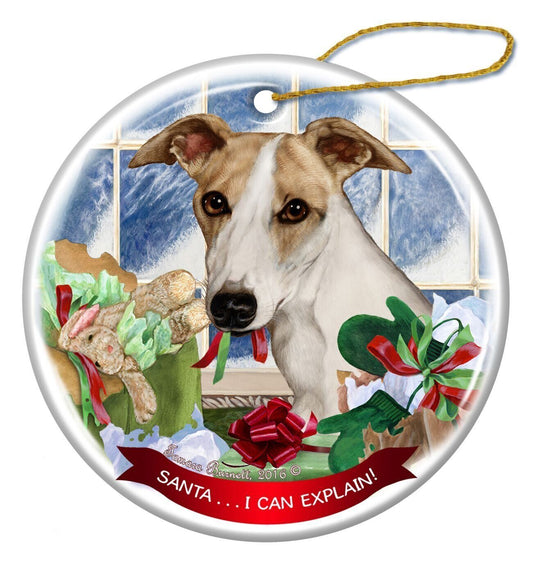 Tan Whippet Dog Porcelain Hanging Ornament Pet Gift 'Santa.. I Can Explain!'