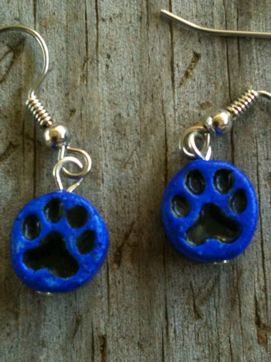 Peruvian Ceramic Deep Blue Handpainted Cat/Dog Paw Print Earrings