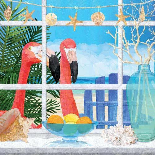 Paperproducts Design Oceanview Flamingos Beverage Napkin, 5" x 5", Multicolor