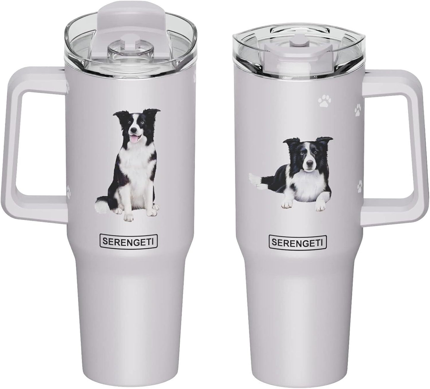 Serengeti 40 Oz Border Collie Dog Stainless Steel Tumbler w Handle, Straw & Lid
