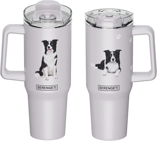 Serengeti 40 Oz Border Collie Dog Stainless Steel Tumbler w Handle, Straw & Lid