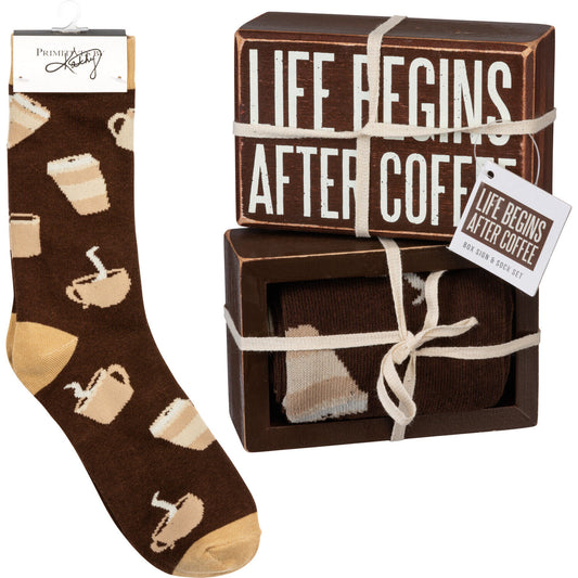 Primitives by Kathy Box Sign & Sock Set - Life Begins After Coffee Giftable Set