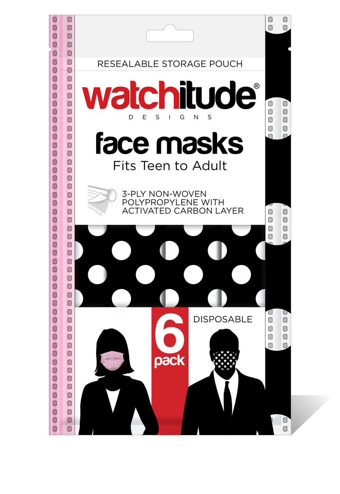 Watchitude Fun Face Masks for Adults/Teens - 6 pack - Polka Dot, Pink Ribbon