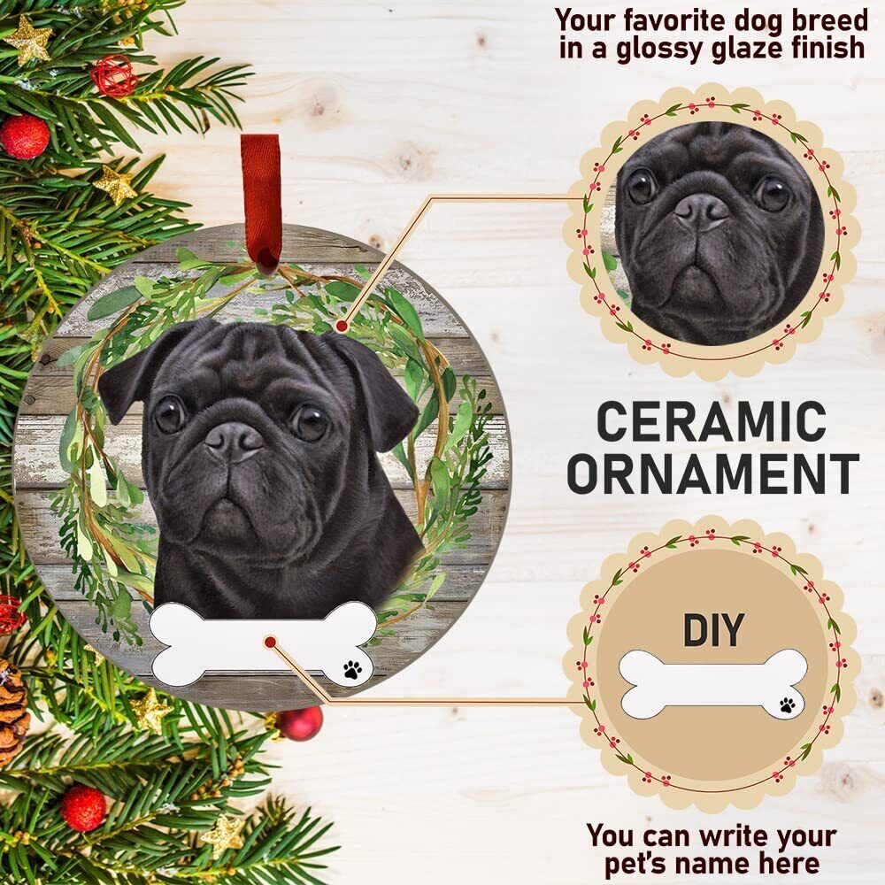 Black Pug Ornament - E&S Pets, DIY Personalizable, Ceramic Round Ornament