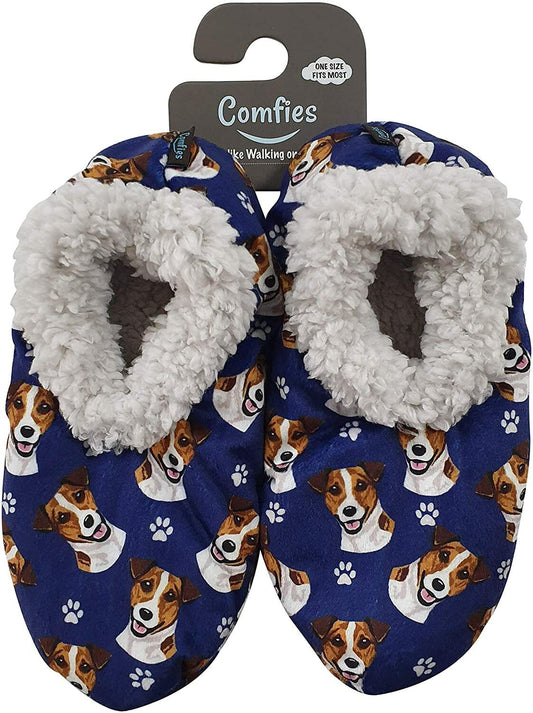 Comfies Womens Jack Russell Dog Slippers - Sherpa Lined Animal Print Booties