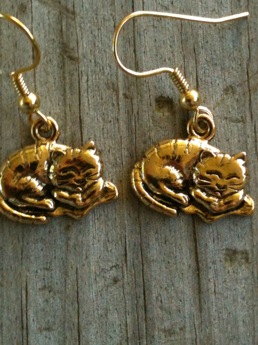 Gold Plated Pewter Sleeping Cat Earrings
