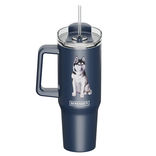 Serengeti 40 Oz Siberian Husky Stainless Steel Tumbler with Handle, Straw & Lid