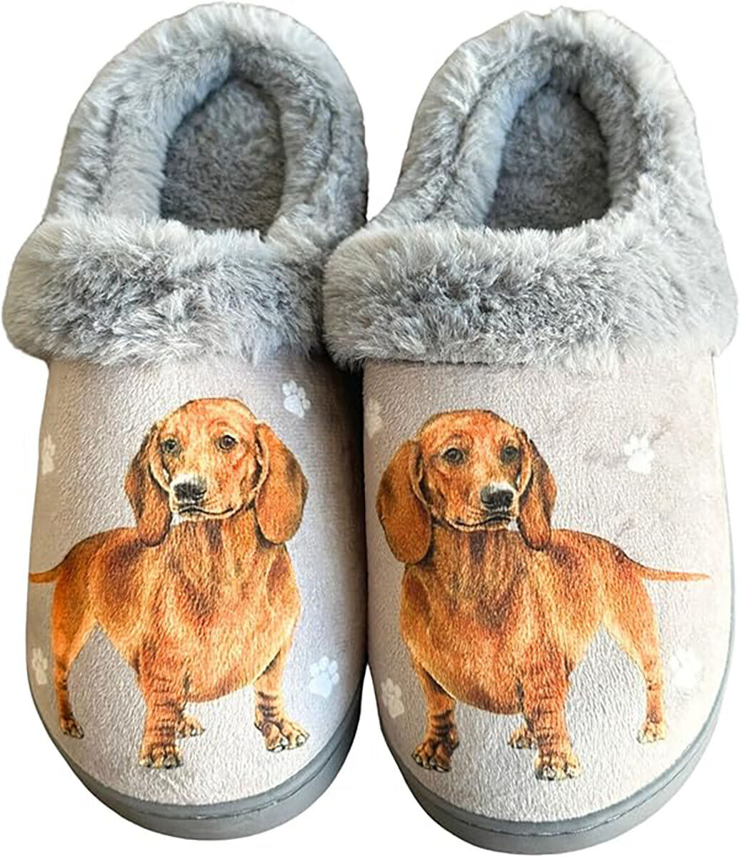 E&S Pets Red Dachshund Snugg Slippers for Pet Lovers - Fuzzy Memory Foam, S/M